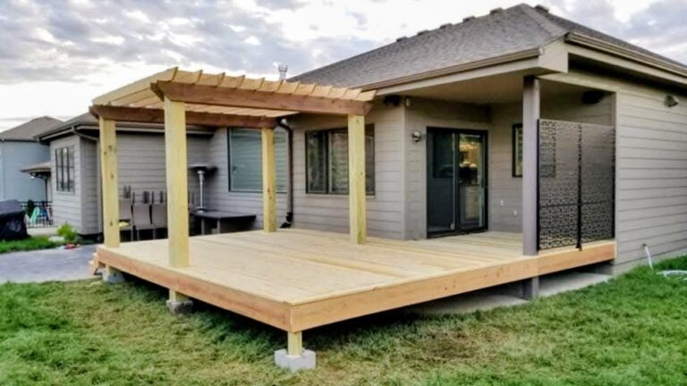 New wood deck with attached pergola built